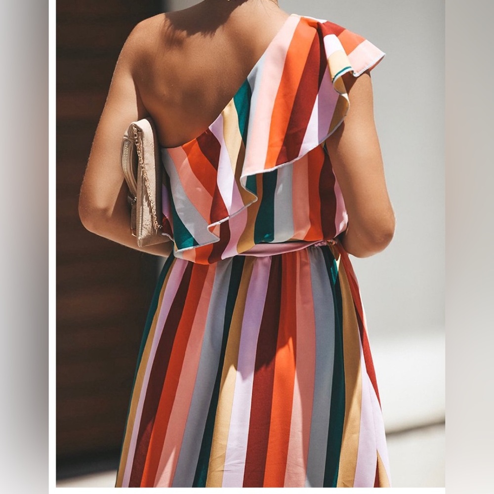 VICI One Shoulder Ruffle Rainbow Midi Dress small - Picture 6 of 16